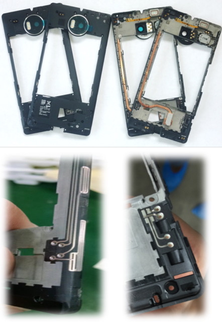 Fig. 5:Top row:Molded plastic insert for smartphone with 3D-printed silver antennas for WiFi, Bluetooth, and 3G/4G phone signals. Bottom row:3D-printed capacitive touch sensors. Source:Optomec